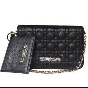 bebe Black Quilted Wallet Crossbody with Gold Chain